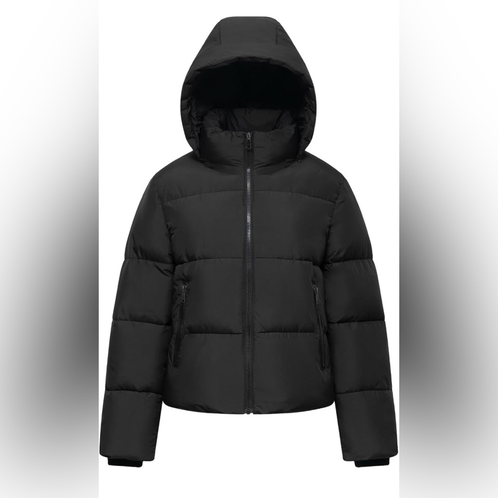 Black Puffer Jacket with Removable Hood and Quilted Design, Zippered Pockets
